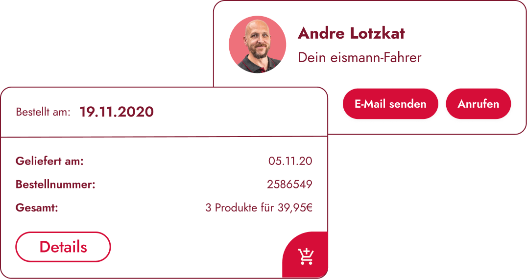 Bestellübersicht in der Eismann App mit persönlicher Fahreransicht, Bestelldetails und direkter Kontaktmöglichkeit für nachhaltige Kundenbindung.